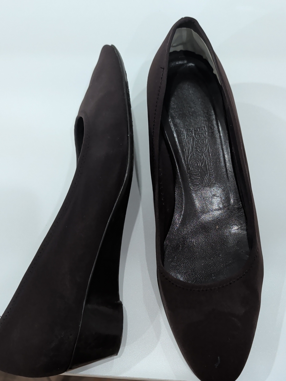Salvador Ferragamo Dark Brown Suede Pointed-Toe Wedge Pumps
